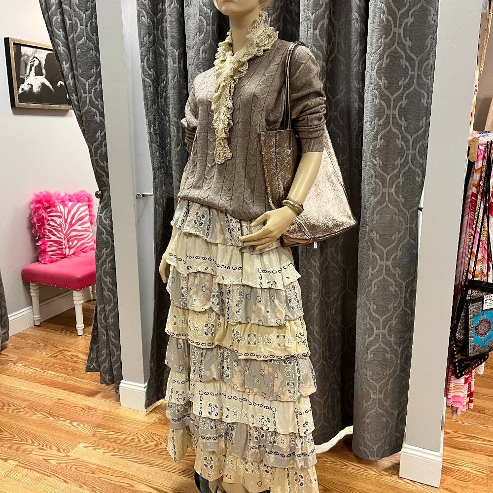 NWT Jaded Gypsy One Size Ivory Print Tiered Maxi Skirt